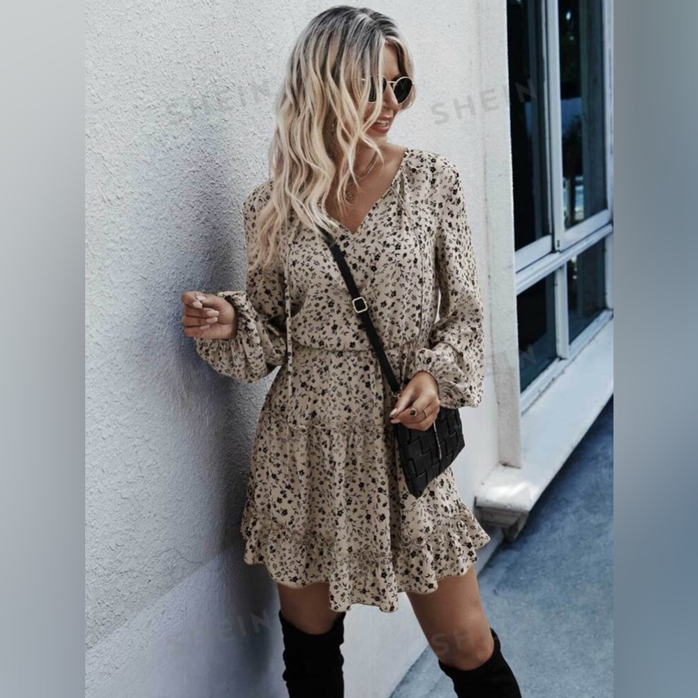 Clasi Ditsy Floral Tie Neck Bishop Sleeve Layered Dress